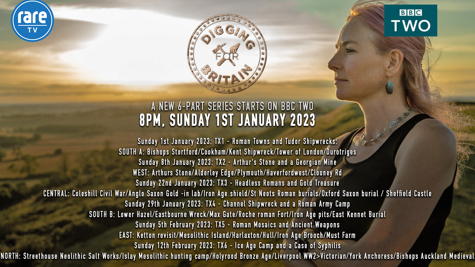 Digging for Britain poster image of Alice Roberts overlooking English countryside and list of show titles and dates.